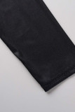Robe noire élégante imprimée évidée patchwork O cou une étape jupe grande taille