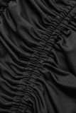 Vestidos de manga larga con pliegues en el hombro con retazos sólidos sexy negros