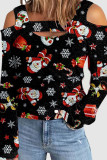 Santa Claus Casual Print Hollowed Out Patchwork Square Collar Tops