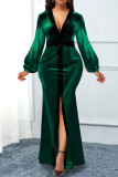Vestido de noche con cuello en V y abertura de patchwork sólido elegante verde Vestidos