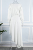 Weiße, lässige, solide Patchwork-Kleider mit asymmetrischem O-Ausschnitt und langen Ärmeln