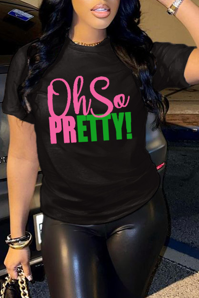 

Black Street Daily Print Letter O Neck T-Shirts