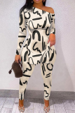 Khaki Street Geometry Print Patchwork Long Sleeve Two Pieces One Shoulder Skinny Pants Sets