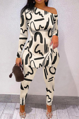 White Black Street Geometry Print Patchwork Long Sleeve Two Pieces One Shoulder Skinny Pants Sets