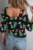 Black Casual Print Hollowed Out Patchwork Square Collar Tops