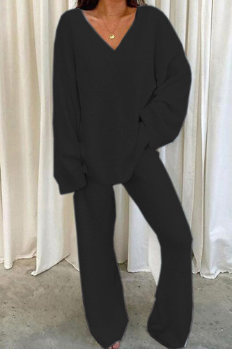 Black Casual Solid Patchwork V Neck Long Sleeve Two Pieces