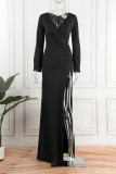 Svarta sexiga formella solida lapptäcken Slit V-hals långärmade klänningar
