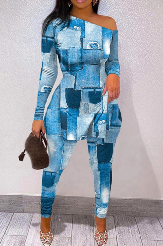 The cowboy blue Street Geometry Print Patchwork Long Sleeve Two Pieces One Shoulder Skinny Pants Sets