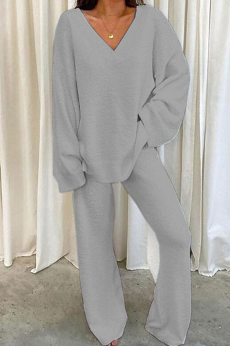 Grey Casual Solid Patchwork V Neck Long Sleeve Two Pieces
