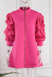 Rose Red Elegant Solid Patchwork Fold Zipper Cardigan Collar A Line Dresses
