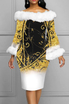 Vestidos de falda de un solo paso con hombros descubiertos de plumas de retazos con estampado elegante de oro negro