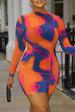 Robes de jupe crayon à col roulé transparentes en patchwork d'impression sexy orange