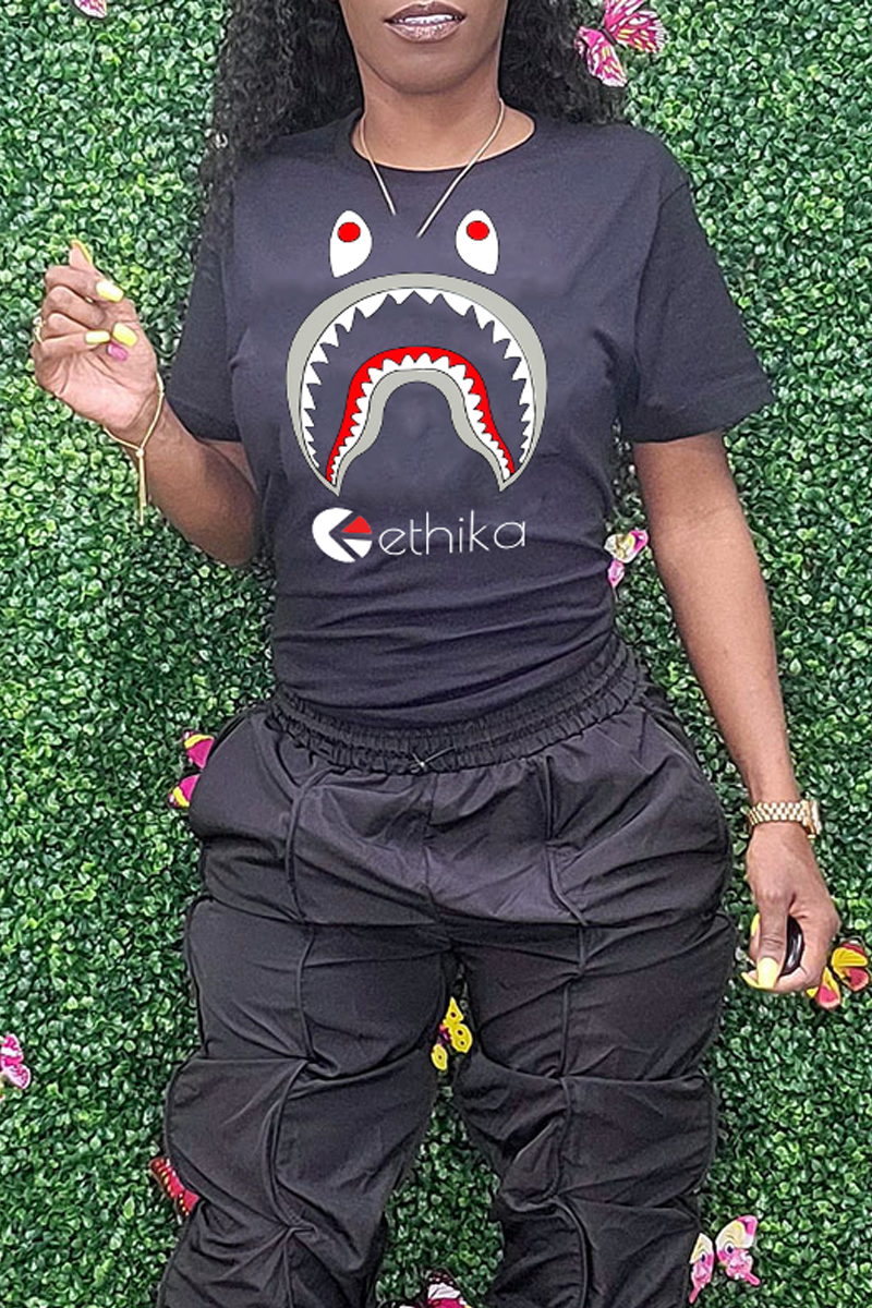 

Black Daily Vintage Print Patchwork Letter O Neck T-Shirts