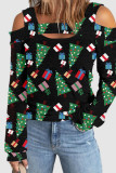 Santa Claus Casual Print Hollowed Out Patchwork Square Collar Tops
