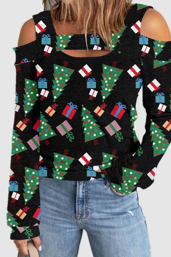 Top con colletto quadrato patchwork scavato con stampa casual dell'albero di Natale