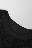 Tops de cuello en O asimétricos transparentes de patchwork sólido casual negro