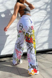Pantalones casuales con estampado de calle y estampado de graffiti de talle alto rectos con estampado completo blanco