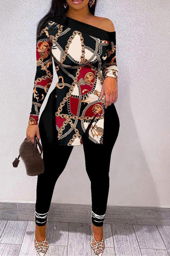 Black Red Street Geometry Print Patchwork Long Sleeve Two Pieces One Shoulder Skinny Pants Sets