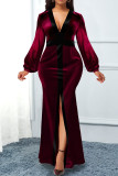 Burgundy Elegant Solid Patchwork Slit V Neck Evening Dress Dresses