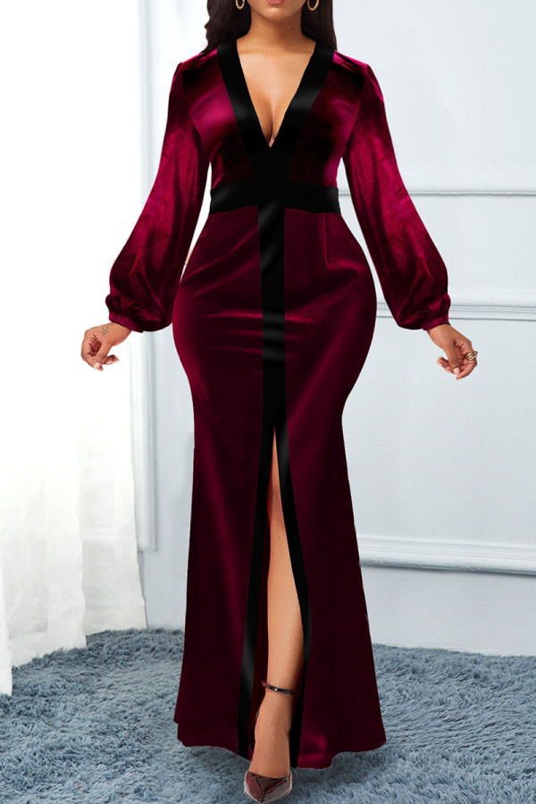 Burgund Elegant Solid Patchwork Schlitz V-Ausschnitt Abendkleid Kleider