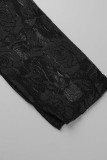 Zwarte casual effen patchwork doorschijnende asymmetrische topjes met ronde hals