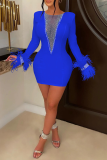 Синее сексуальное прозрачное платье-юбка-карандаш с кисточками и круглым вырезом