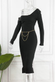 Vestidos de saia de um passo preto casual patchwork sólido gola oblíqua (com corrente na cintura)