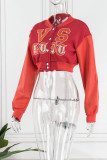 Red Casual Street Embroidered Patchwork Buckle Cardigan Collar Outerwear