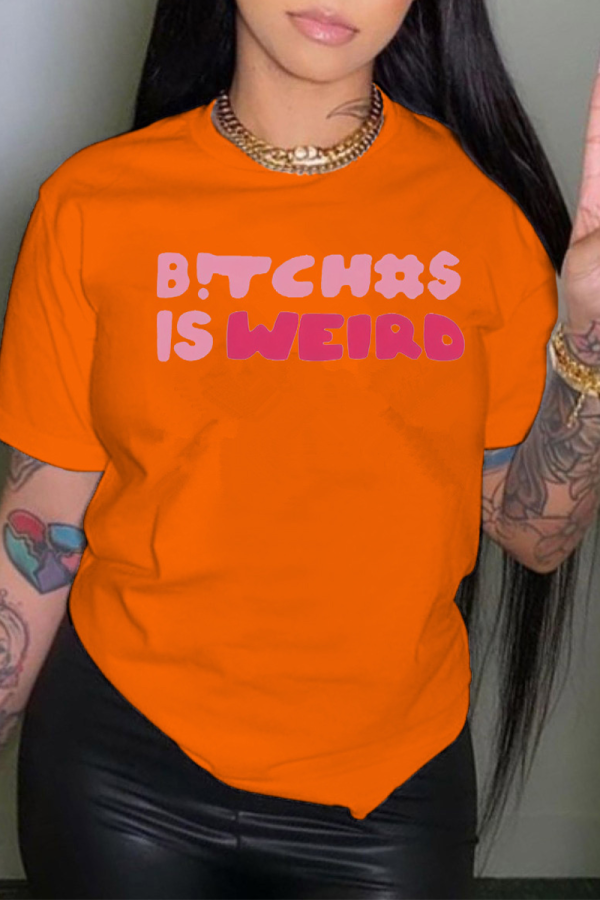 Camisetas con cuello en O de patchwork con estampado de calle informal naranja