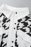 Schwarz Weiß Sexy Casual Print Tasche Hemdkragen Hemdkleid Kleider