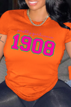 T-shirts à col rond en patchwork d'impression de base décontractés orange
