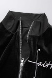 ブラックカジュアルソリッド刺繡ジッパーカラー長袖ツーピース