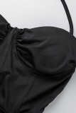 Vestidos de manga larga con pliegues en el hombro con retazos sólidos sexy negros
