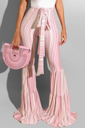 Pantalones casuales con estampado de rayas de patchwork con corte de bota de talle alto rosa