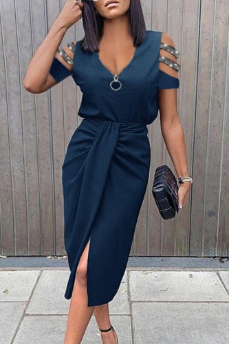 Tibetan Blue Casual Solid Hollowed Out Patchwork V Neck Short Sleeve Dress