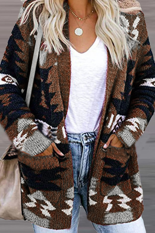 Coffee Casual Patchwork Cardigan Collar Outerwear