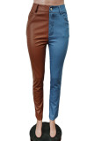 Mörkbrun Casual Solid Patchwork jeans med hög midja