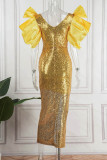Gold Celebrities Elegant Solid Patchwork With Bow V Neck Evening Dress Dresses