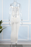 Белое сексуальное сплошное бинтовое длинное платье с открытой спиной на тонких бретелях