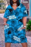 Blauwe casual print patchwork basic jurk met V-hals en korte mouwen