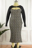 Zwarte elegante print uitgehold patchwork O-hals eenstaps rok Grote maten jurken