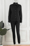 Pantaloni cardigan solidi casual neri con colletto rovesciato manica lunga due pezzi
