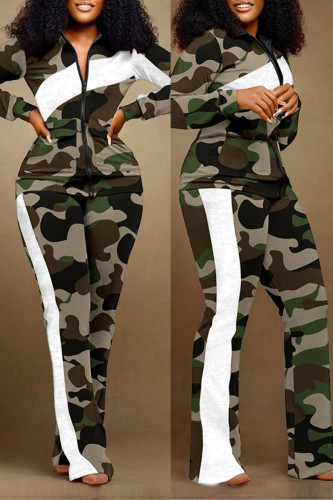 Verde militare casual stampa giornaliera tinta unita patchwork colletto con cerniera manica lunga due pezzi