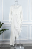 Белые повседневные однотонные асимметричные платья с длинным рукавом в стиле пэчворк с круглым вырезом