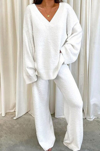 White Casual Solid Patchwork V Neck Long Sleeve Two Pieces