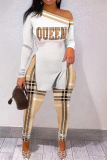 Cream White Street Geometry Print Patchwork Long Sleeve Two Pieces One Shoulder Skinny Pants Sets