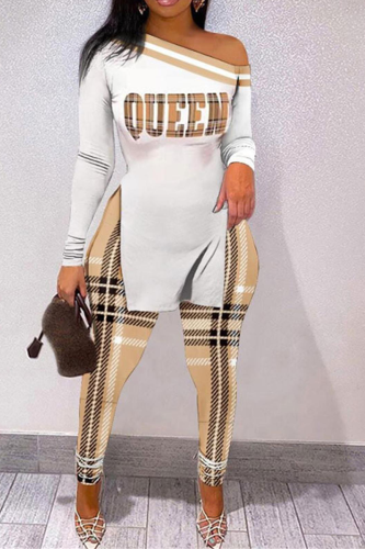 Khaki Street Geometry Print Patchwork Long Sleeve Two Pieces One Shoulder Skinny Pants Sets