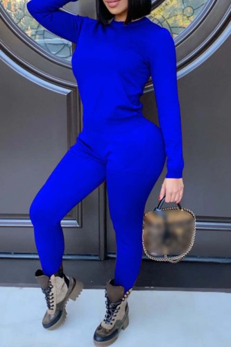 Blue Casual Solid Basic O Neck Long Sleeve Two Pieces
