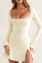 Apricot Sexy Solid Bandage Patchwork Slit Square Collar A Line Dresses