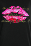 Black Street Vintage Lips Printed Patchwork Letter O Neck Tops